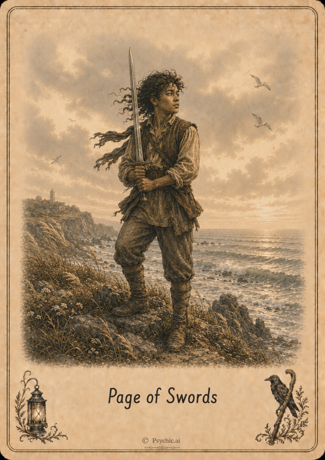 Page of Swords tarot card illustration